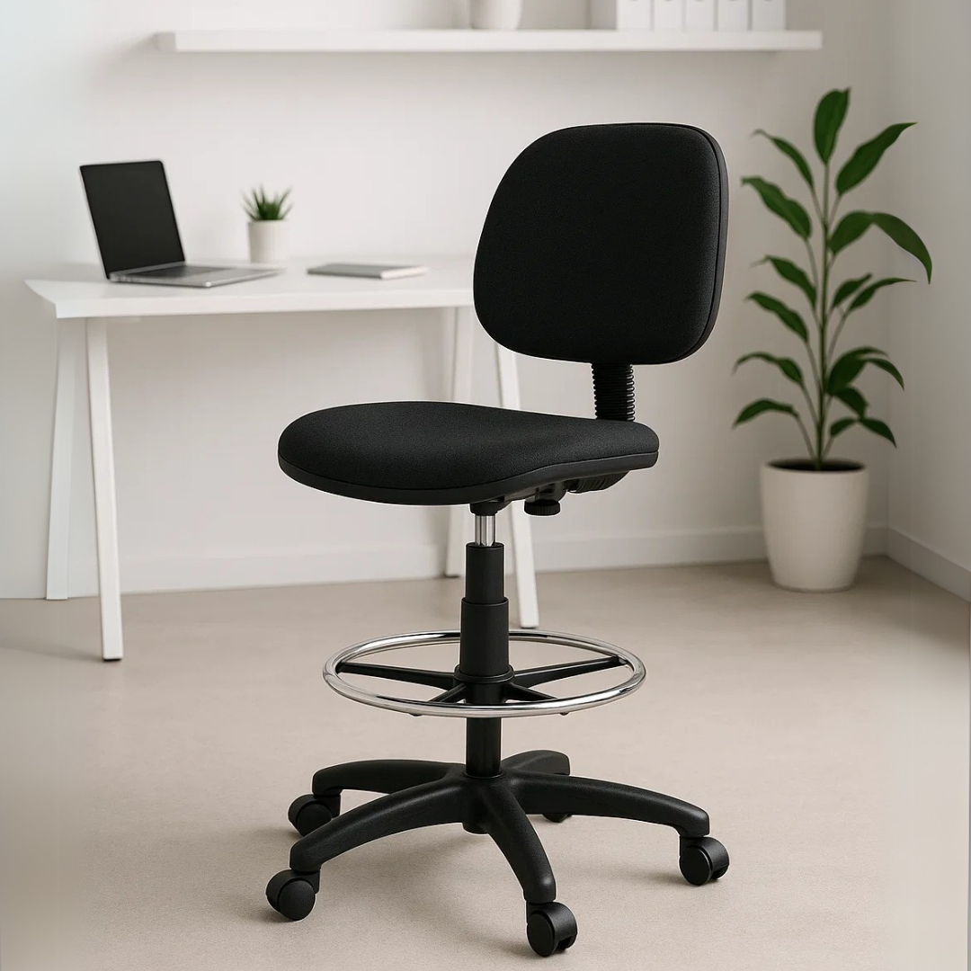 286 Silla cajero Silla cajero Tiempo sin brazos con aro reposapiés y base ajustable, ideal para mostradores