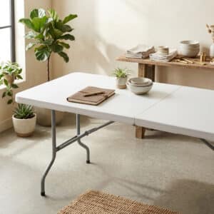 Mesa plegable rectangular 2 secciones 2.44x76 plastico blanco