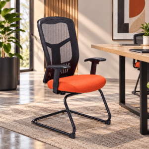 Silla de Visita RE-1955 Asiento en Tela naranja y Respaldo en Mesh Negro