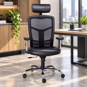 Silla Ejecutiva RP-4600 c/cabecera Asiento en Piel y Respaldo en Mesh Negro, Estructura Cromada