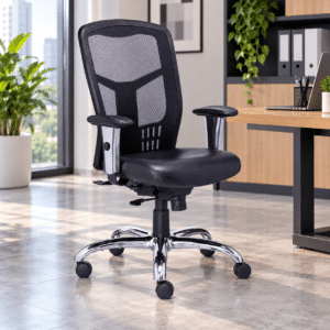 Silla Operativa RP-4601 Asiento en Piel y Respaldo en Mesh Negro, Estructura Cromada