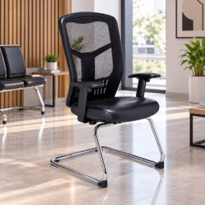 Silla de Visita RP-4605 Asiento en Piel y Respaldo en Mesh Negro, Estructura Cromada