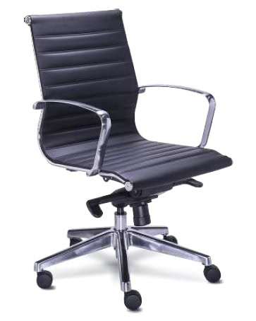 Silla operativa Retro negra en vinipiel con brazos fijos de aluminio y base de cinco puntas