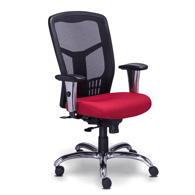 Silla operativa RE-1961 con asiento rojo en tela y respaldo mesh negro