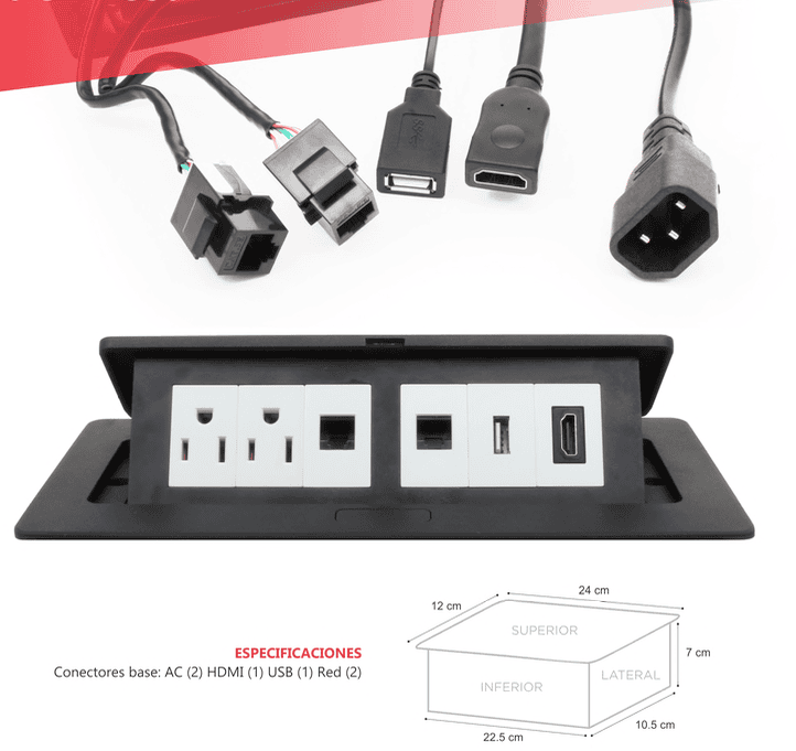 Panel con conectores Redleaf 3320 con 2 AC, VGA, HDMI, audio y RJ45 de red para escritorio