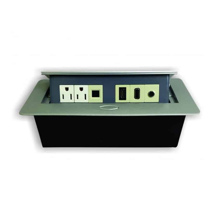 Panel con conectores Redleaf 3320 con 2 AC, VGA, HDMI, audio y RJ45 de red para escritorio