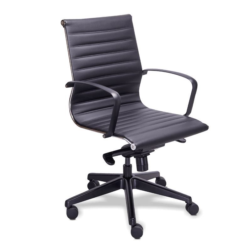 Silla operativa retro negra 2402-VN01 en vinipiel con brazos y base de aluminio pulido