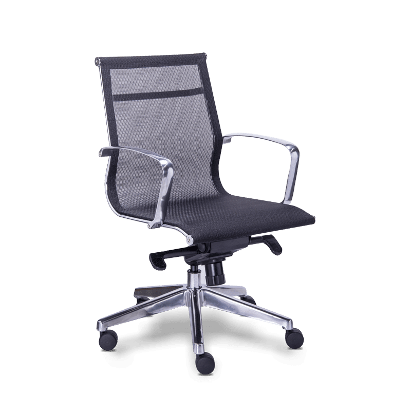 Silla operativa retro mesh negra con estructura cromo y base de aluminio pulido