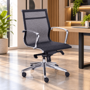 Silla Operativa Retro Asiento y respaldó en Mesh Negro, Estructura Cromo