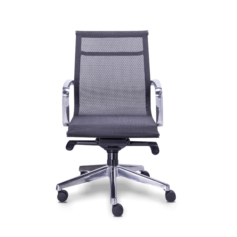 Silla operativa retro mesh negra con estructura cromo y base de aluminio pulido