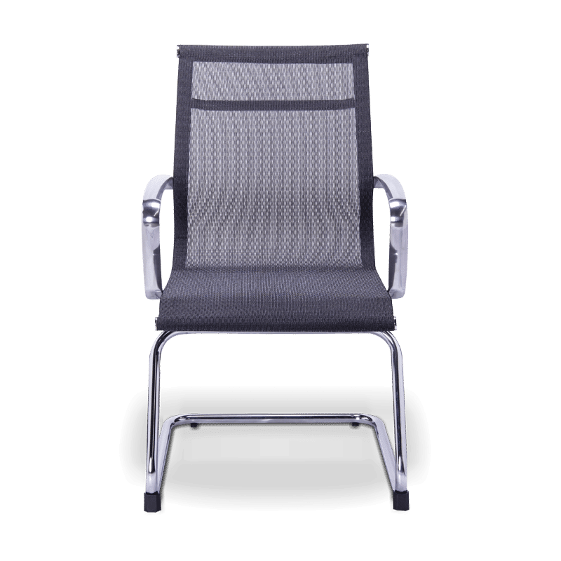 Silla de visita retro mesh negra con estructura cromada tipo trineo y brazos fijos