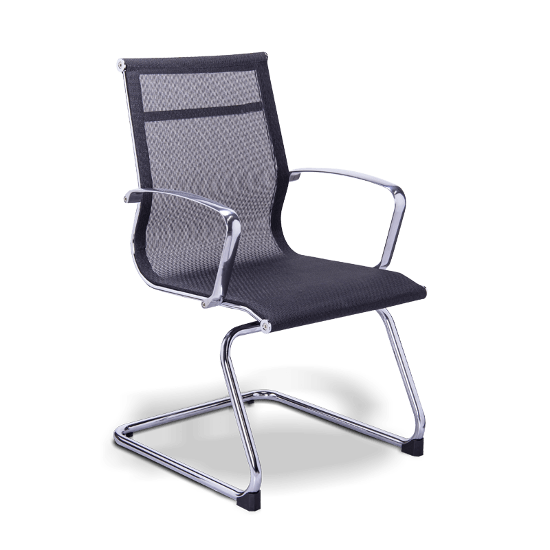 Silla de visita retro mesh negra con estructura cromada tipo trineo y brazos fijos