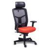 Silla de oficina ejecutiva re-1950 con asiento de tela naranja, respaldo mesh negro y cabecera