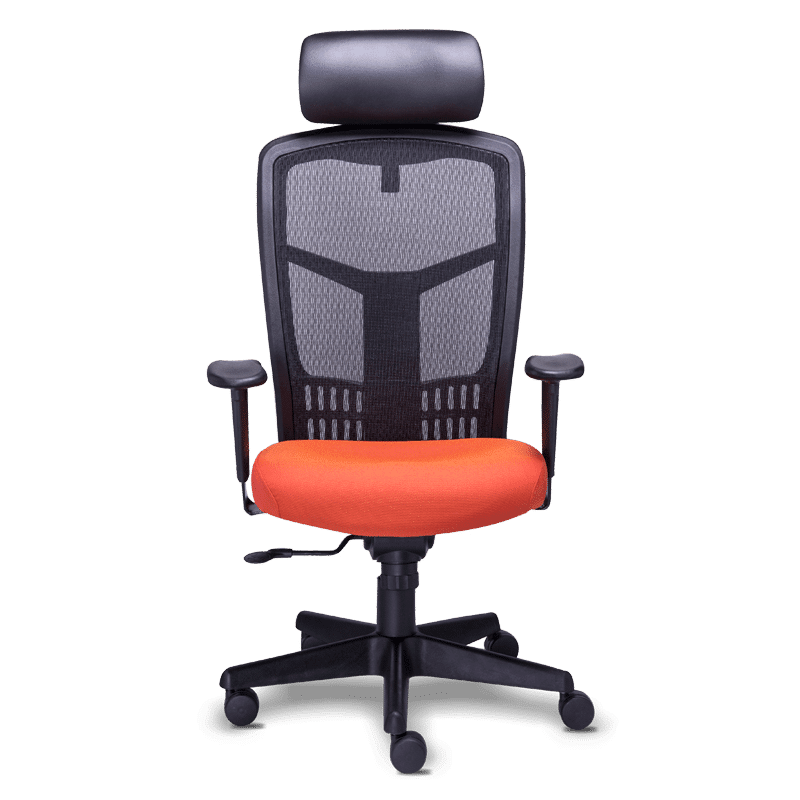Silla de oficina ejecutiva re-1950 con asiento de tela naranja, respaldo mesh negro y cabecera