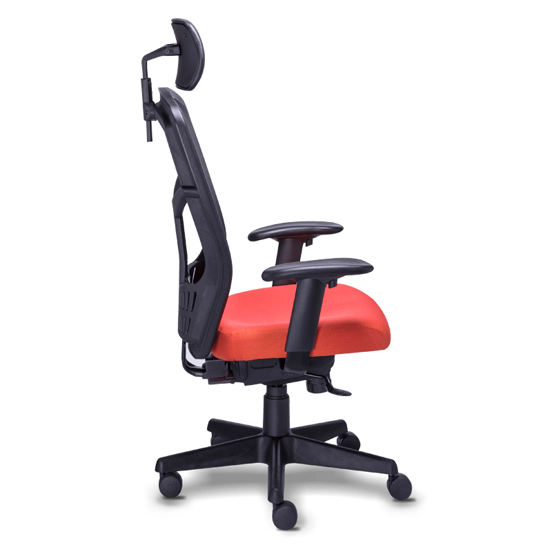 Silla de oficina ejecutiva re-1950 con asiento de tela naranja, respaldo mesh negro y cabecera