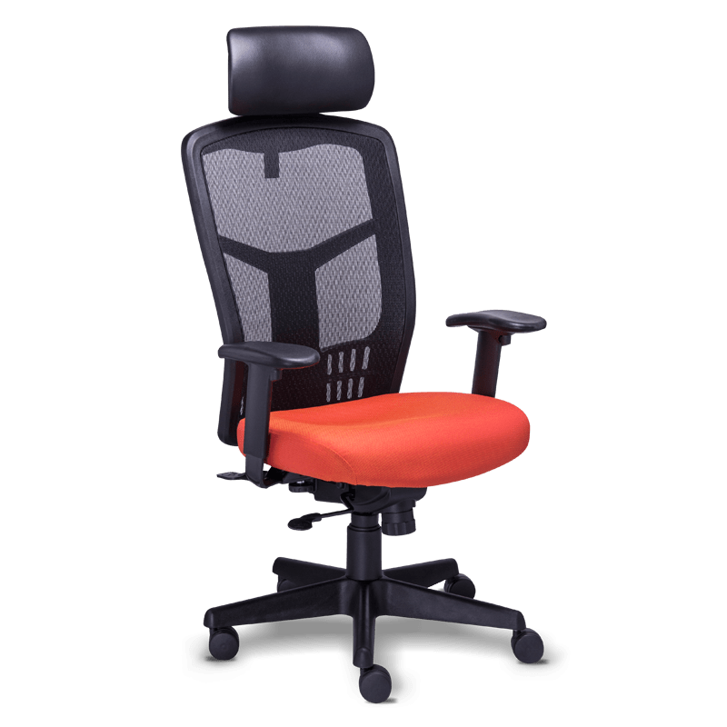 Silla de oficina ejecutiva re-1950 con asiento de tela naranja, respaldo mesh negro y cabecera