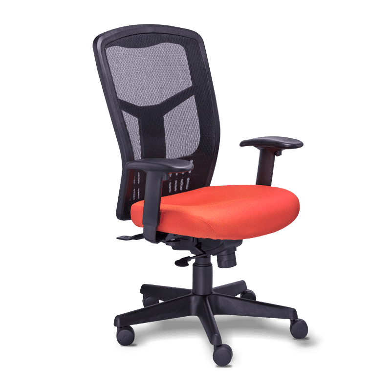 Silla operativa re-1951 con asiento en tela naranja y respaldo en mesh negro