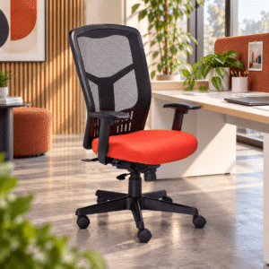 Silla Operativa RE-1951 Asiento en Tela naranja y Respaldo en Mesh Negro