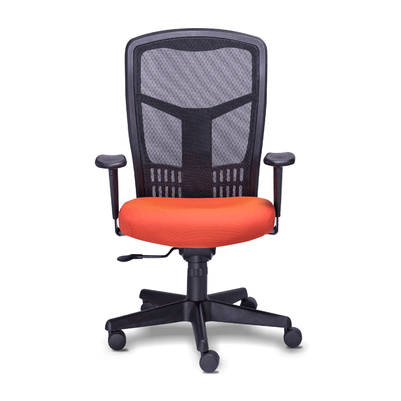 Silla operativa re-1951 con asiento en tela naranja y respaldo en mesh negro