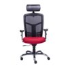 Silla ejecutiva RE-1960 con asiento en tela roja, respaldo mesh negro y base de aluminio pulido