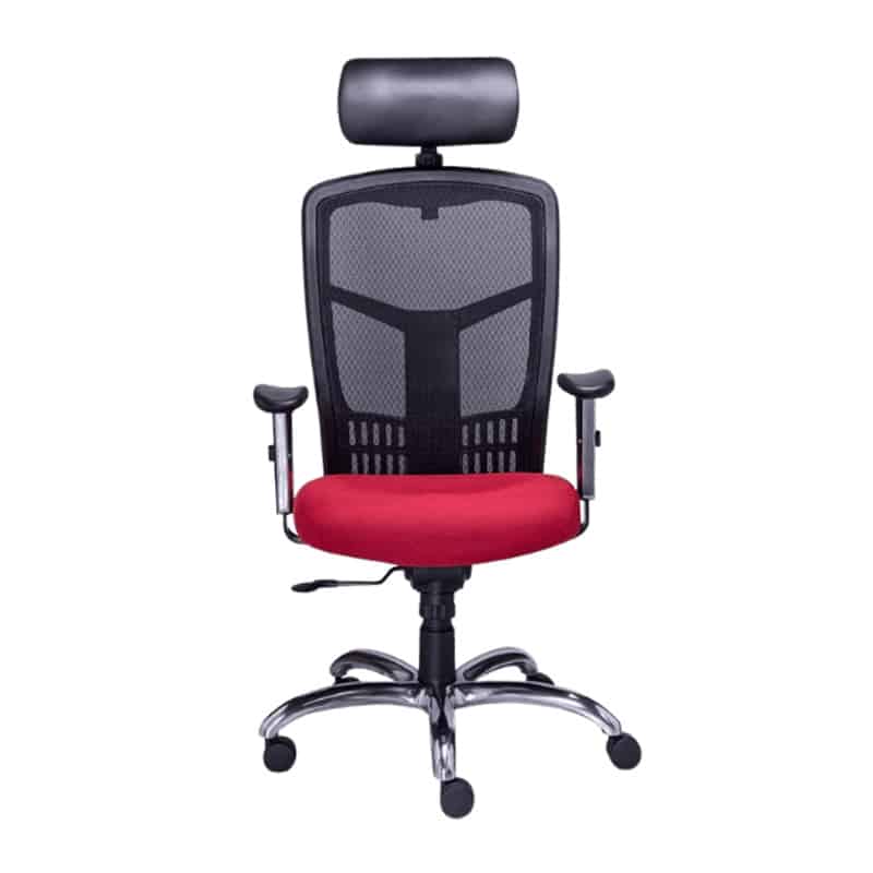 Silla ejecutiva RE-1960 con asiento en tela roja, respaldo mesh negro y base de aluminio pulido