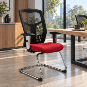 Silla de Visita RE-1965 Asiento en Tela Rojo y Respaldo en Mesh Negro