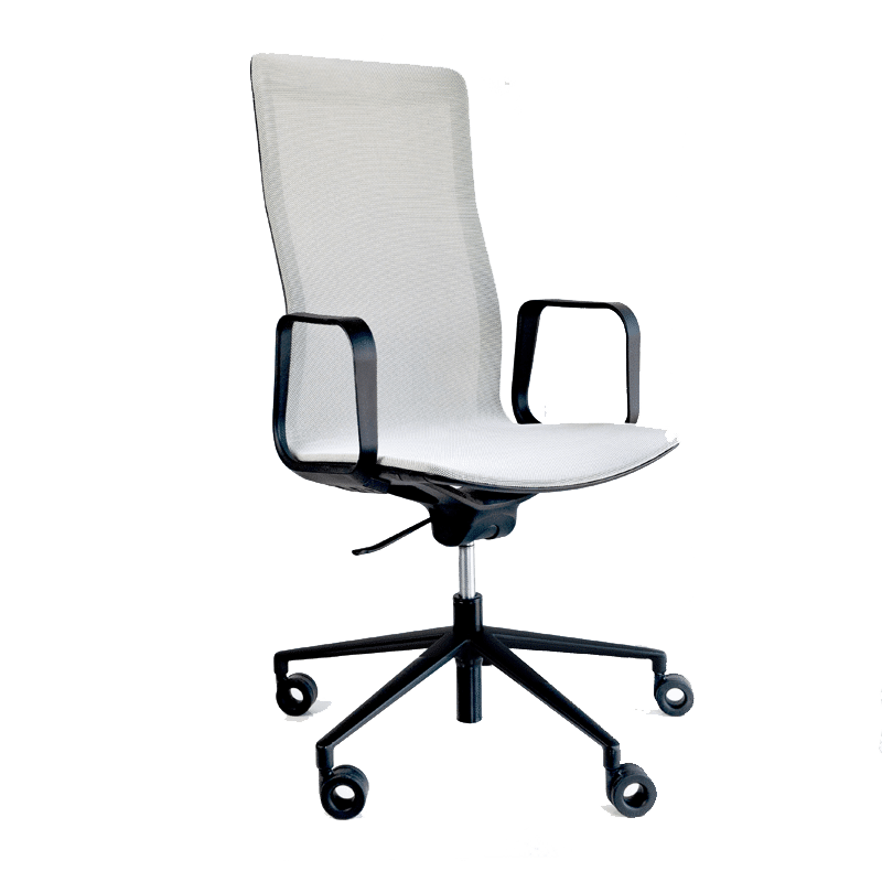 Silla de oficina ejecutiva Rail con asiento y respaldo en mesh gris y brazos fijos