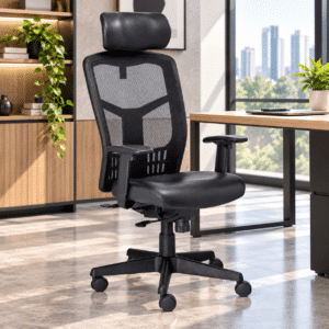 Silla Ejecutiva RP-4500 c/cabecera Asiento en Piel y Respaldo en Mesh Negro, Estructura Negra