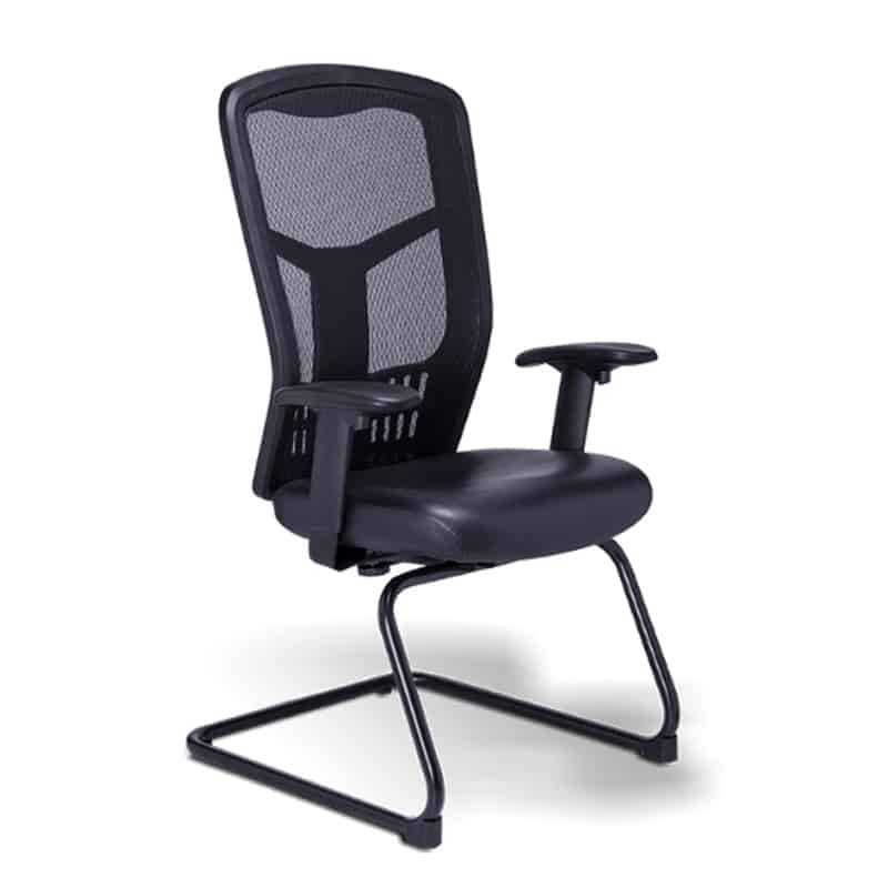 Silla de visita rp-4505 con asiento en piel, respaldo mesh negro y base trineo