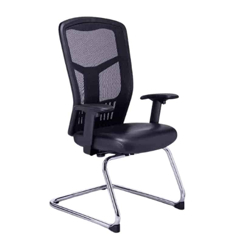 Silla de visita rp-4605 con asiento en piel, respaldo mesh negro y base trineo cromada