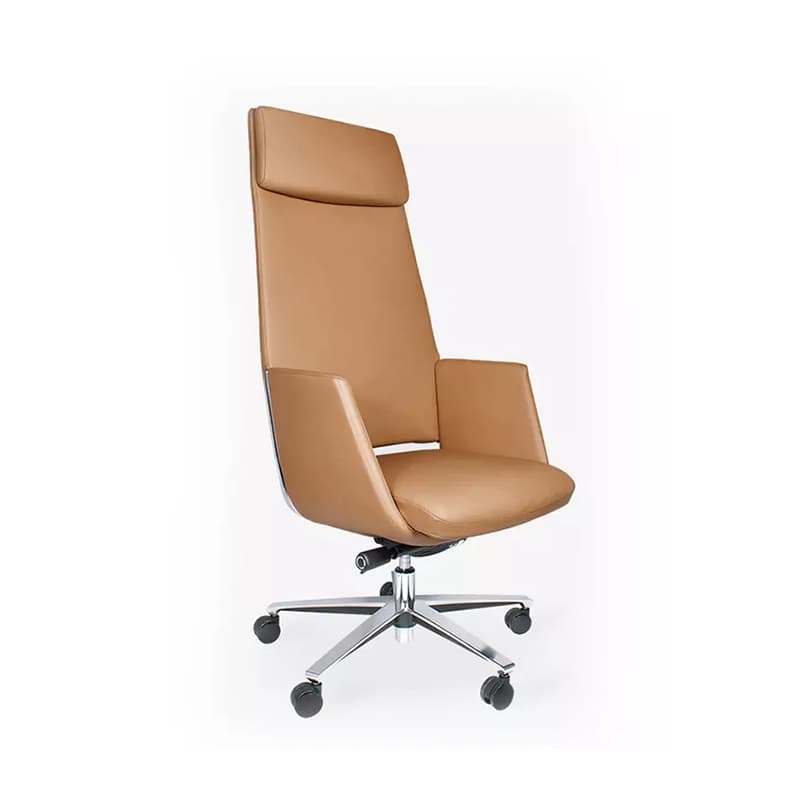 Silla ejecutiva Zenit tapizada en piel con cabecera incluida y base de cinco puntas de aluminio pulido