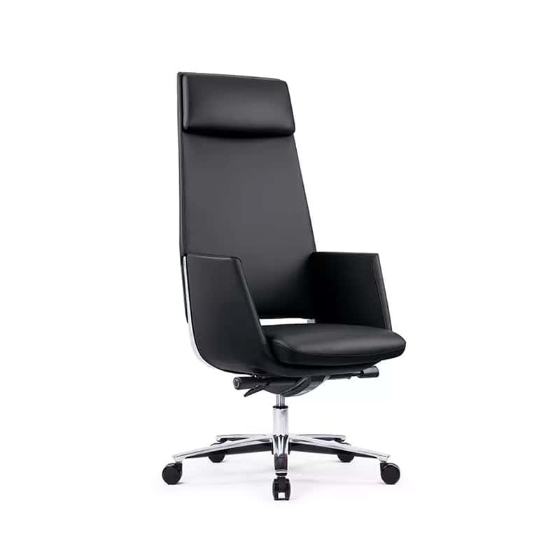 Silla ejecutiva Zenit tapizada en piel negra con cabecera incluida y base de aluminio pulido