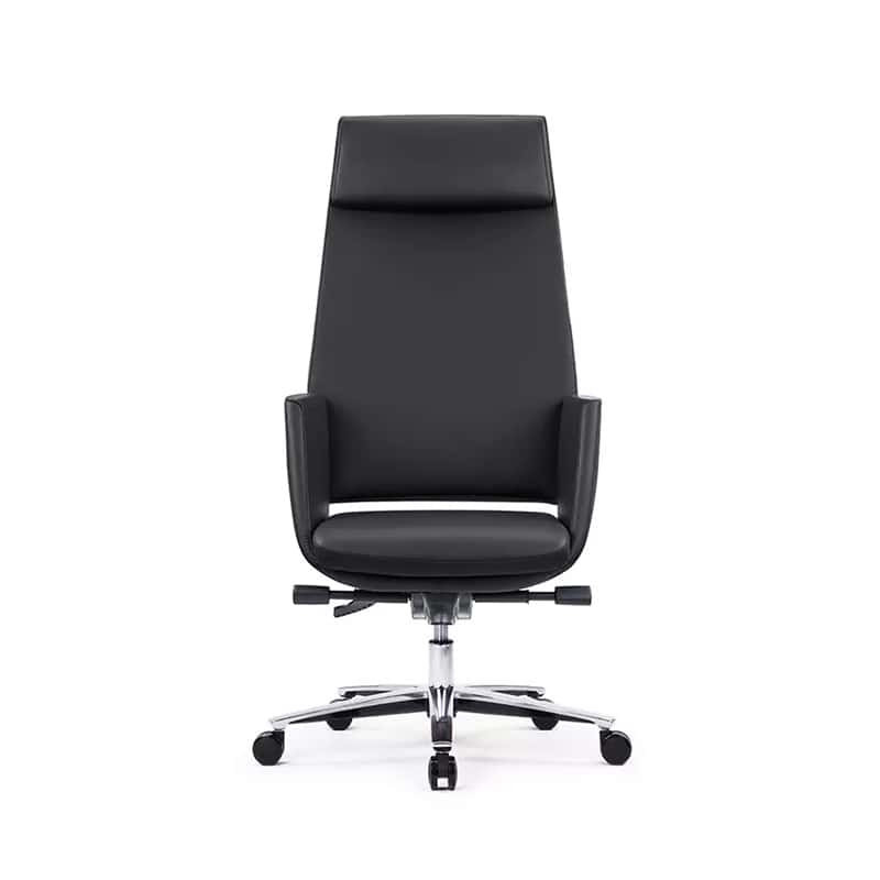Silla ejecutiva Zenit tapizada en piel negra con cabecera incluida y base de aluminio pulido
