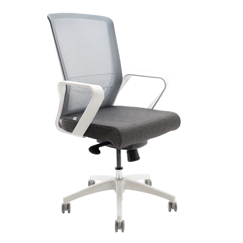 Silla operativa Klave 140BL con estructura blanca, malla gris y asiento en tela gris