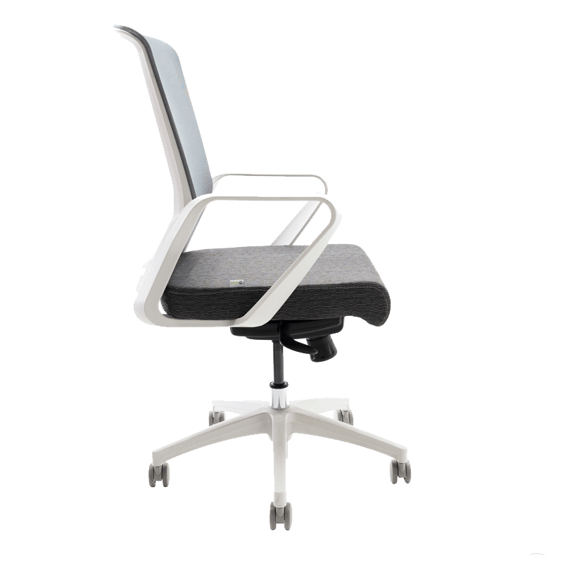Silla operativa Klave 140BL con estructura blanca, malla gris y asiento en tela gris