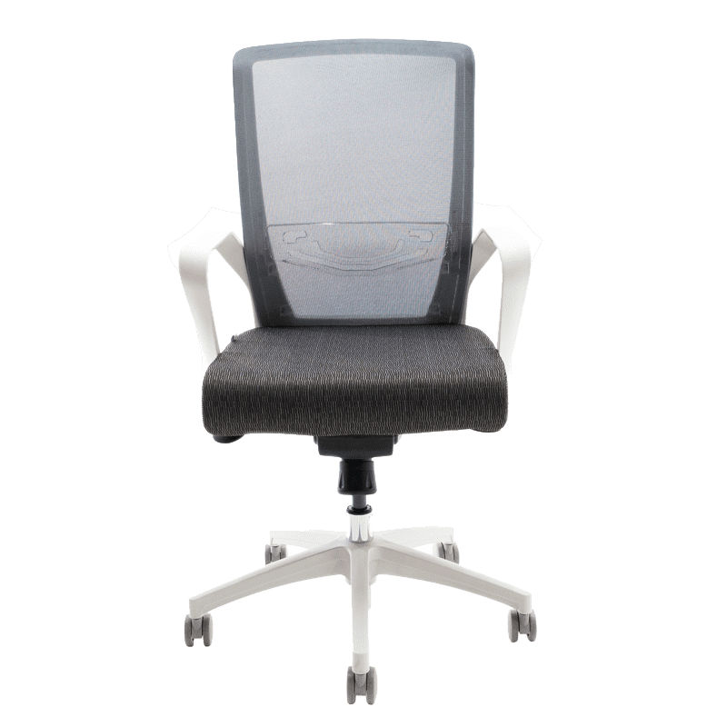 Silla operativa Klave 140BL con estructura blanca, malla gris y asiento en tela gris
