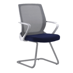 Silla de visita Klave 145GR con malla gris, asiento en tela azul y base tipo trineo gris