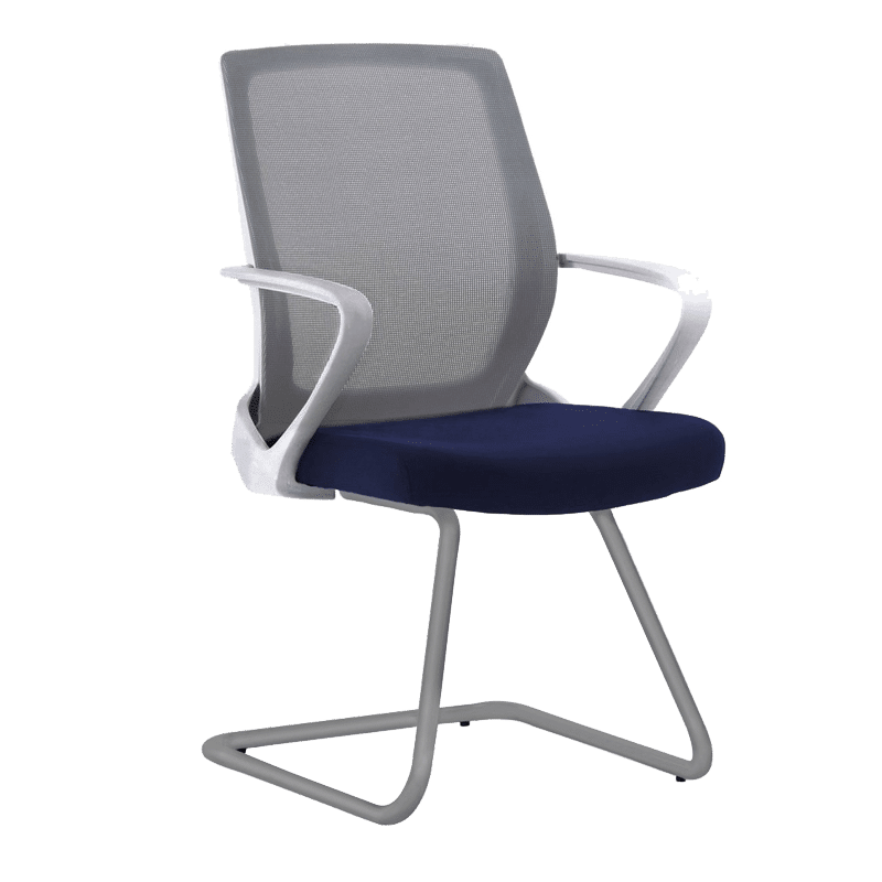 Silla de visita Klave 145GR con malla gris, asiento en tela azul y base tipo trineo gris
