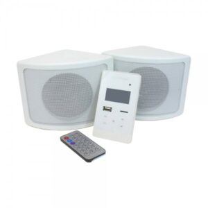 Paquete de audio Redleaf WPK-30A con amplificador y dos bocinas blancas de 4 pulgadas