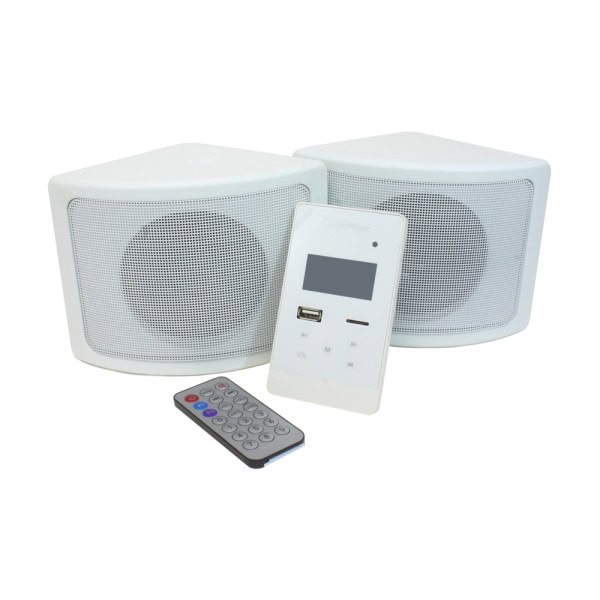 Paquete de audio Redleaf WPK-30A con amplificador y dos bocinas blancas de 4 pulgadas