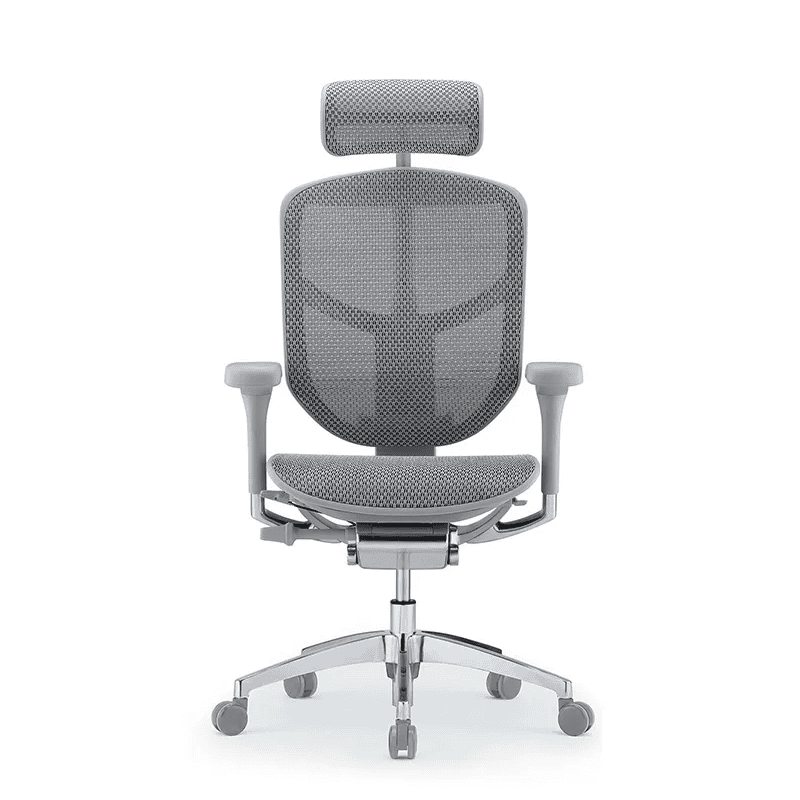 Silla ejecutiva Enjoy en mesh gris con soporte lumbar integrado y base de cinco puntas de aluminio pulido