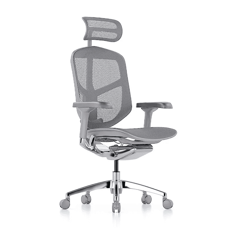 Silla ejecutiva Enjoy en mesh gris con soporte lumbar integrado y base de cinco puntas de aluminio pulido