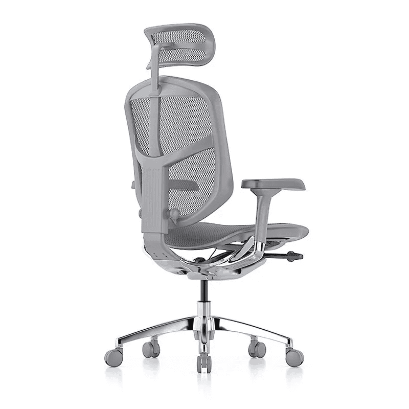 Silla ejecutiva Enjoy en mesh gris con soporte lumbar integrado y base de cinco puntas de aluminio pulido