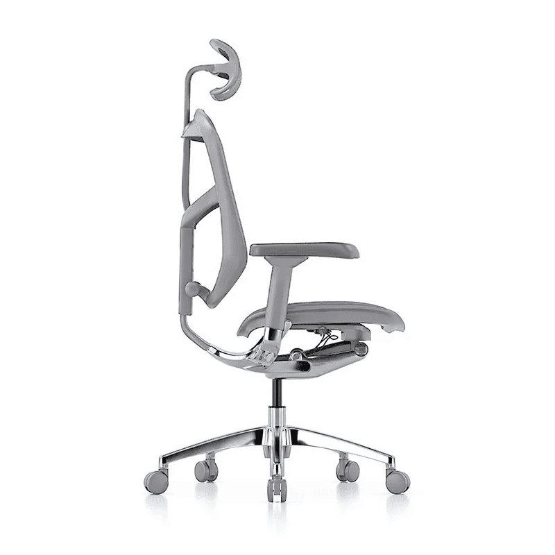 Silla ejecutiva Enjoy en mesh gris con soporte lumbar integrado y base de cinco puntas de aluminio pulido