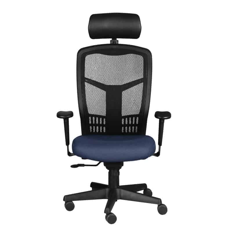 Silla ejecutiva en malla y tela color Ocean con cabecera ajustable, respaldo alto y base de cinco puntas