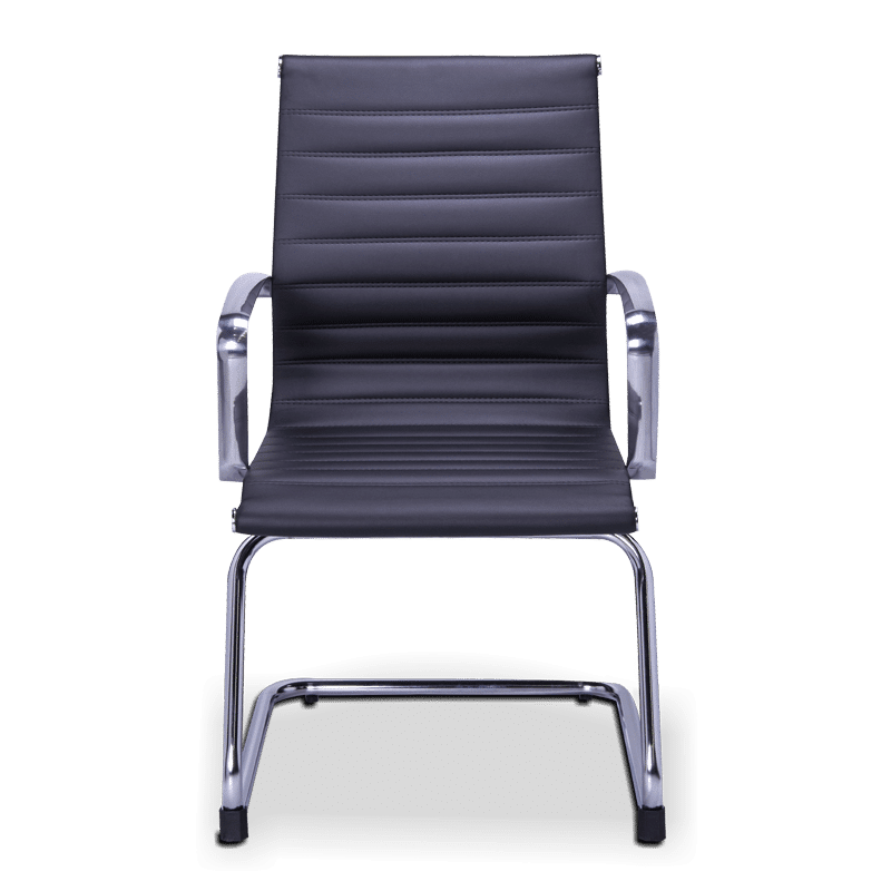 Silla de visita retro vinipiel re-1755/ng con base trineo cromada y descansabrazos de aluminio pulido