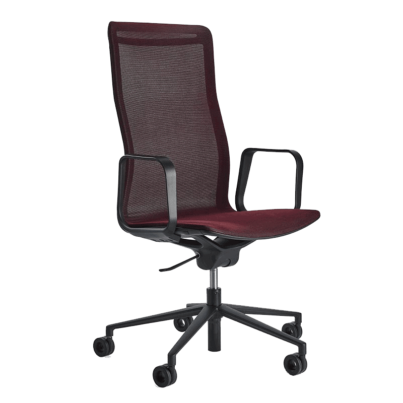 Silla Rail en color rojo con respaldo de mesh elástica y base de cinco puntas