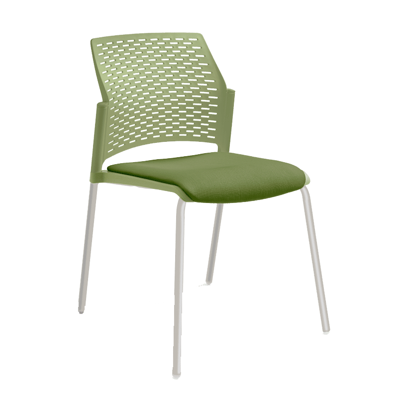 Silla de visita Rewind con respaldo verde, asiento en tela y estructura gris de 4 patas