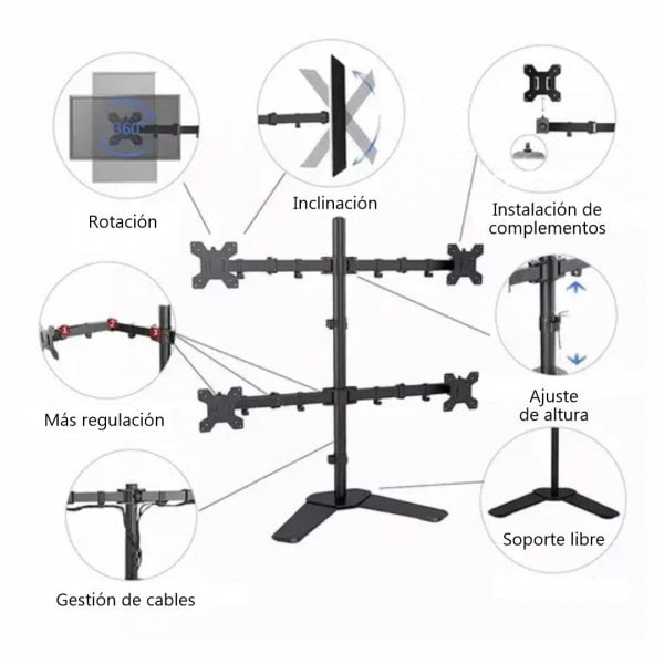 Soporte de brazo articulado Redleaf negro para cuatro monitores de 13 a 27 pulgadas con base de sobremesa