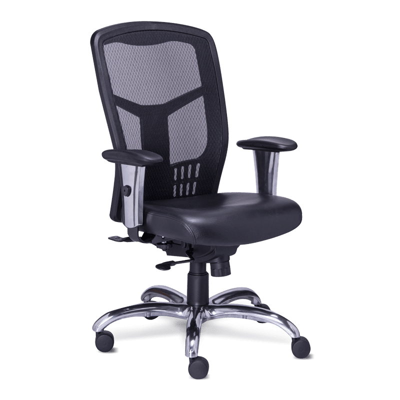 Silla operativa rp-4601 con asiento en piel, respaldo mesh y base trineo cromada